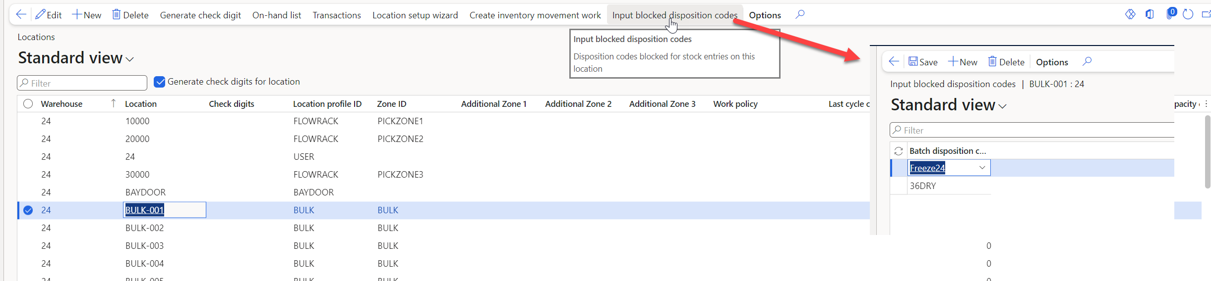 Figure 66: Setting up input blocked disposition codes for a WHS enabled item