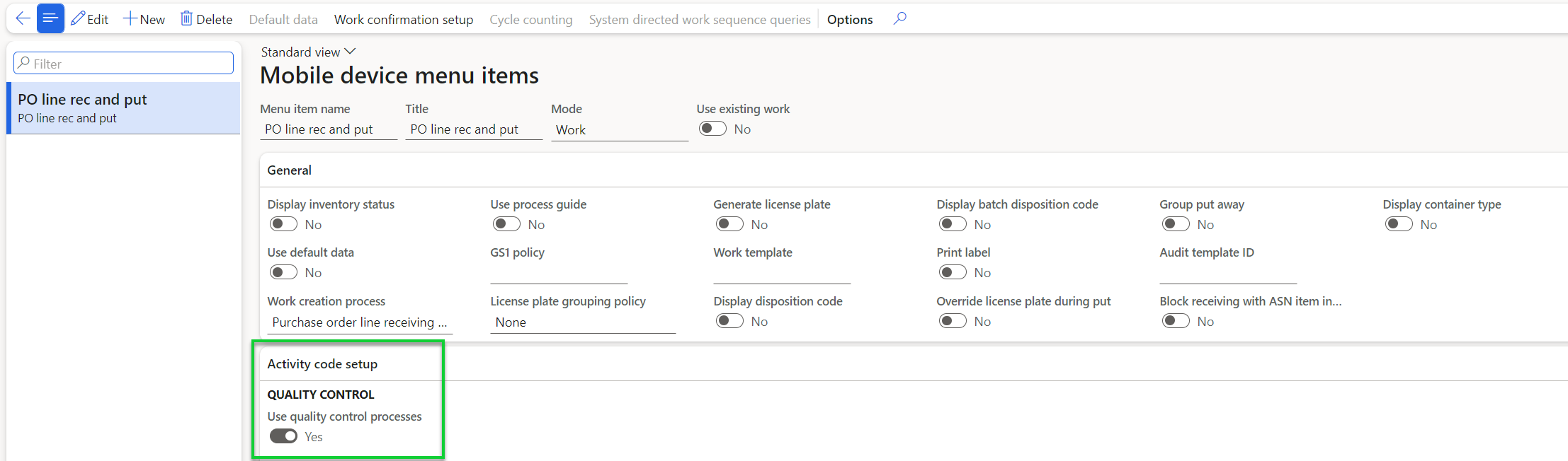 Figure 67: Activate usage of adv. Quality control processes for the individual menu item