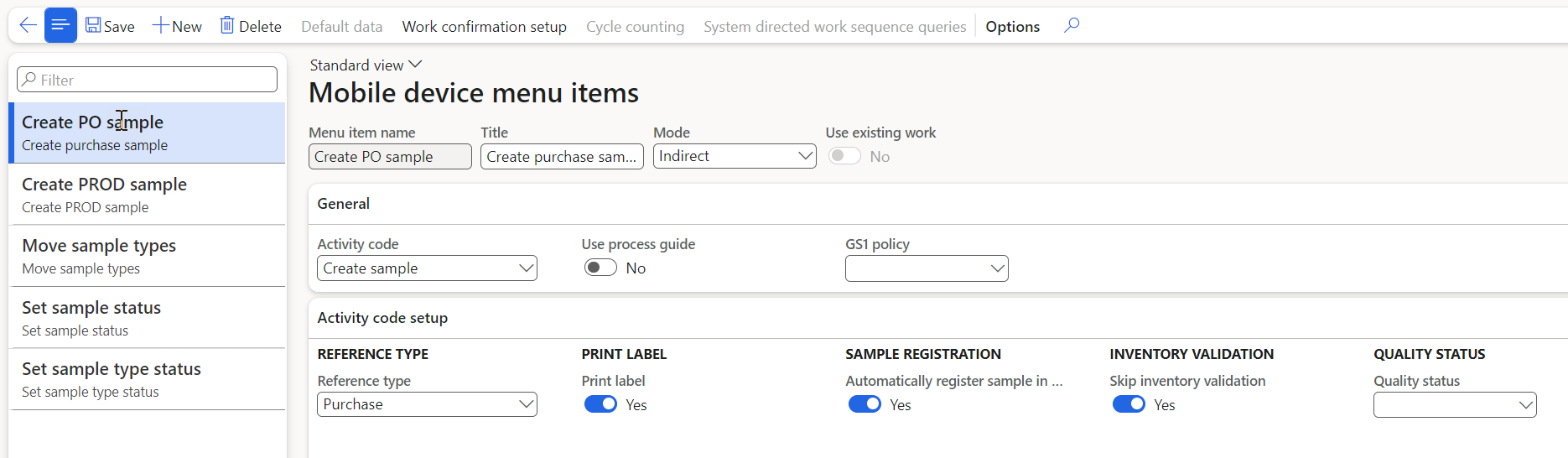 Figure 71: Activity codes on mobile device menu items