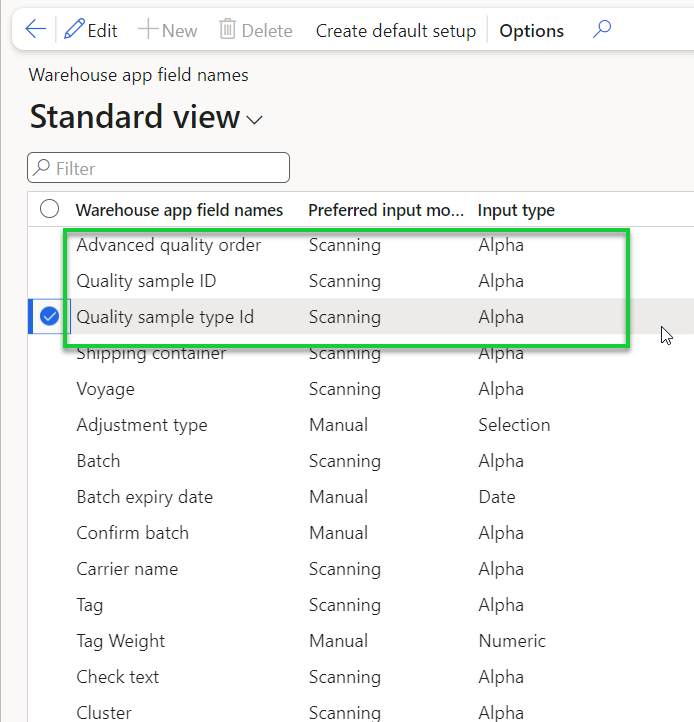 Figure 72: Bespoke fields added to Warehouse app field names form