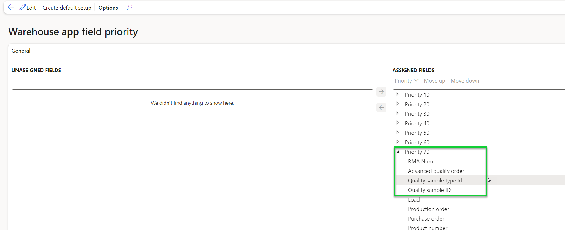 Figure 73: Warehouse app field priority