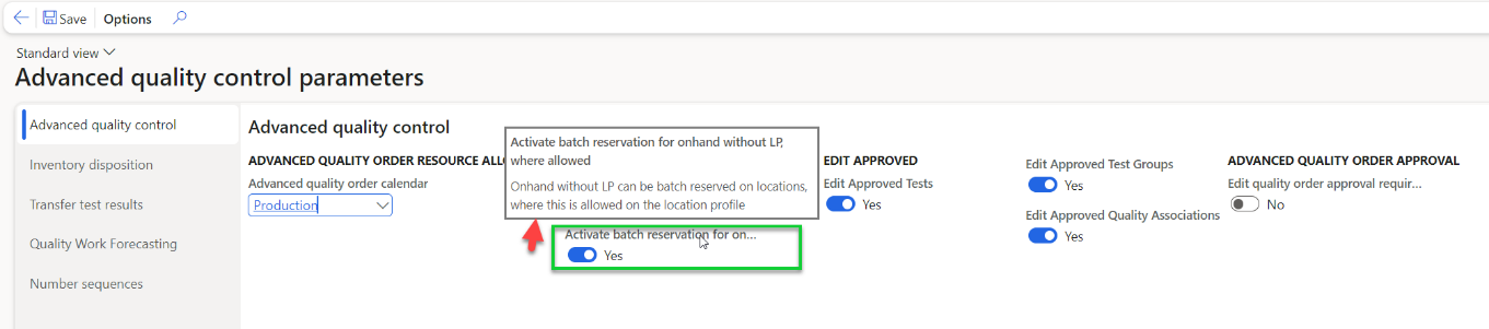 When the global parameter has been selected, it becomes possible to control the reservation for each warehouse location by using a location profile allowing batch reservation of on-hand without LP. This can be setup for each location profile in [Warehouse management / Setup / Warehouse / Location profiles - Allow batch reservation without LP]
