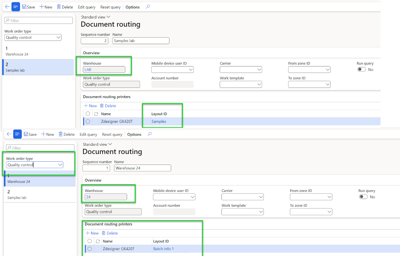 Figure 82: Document routing records for 2 different warehouses