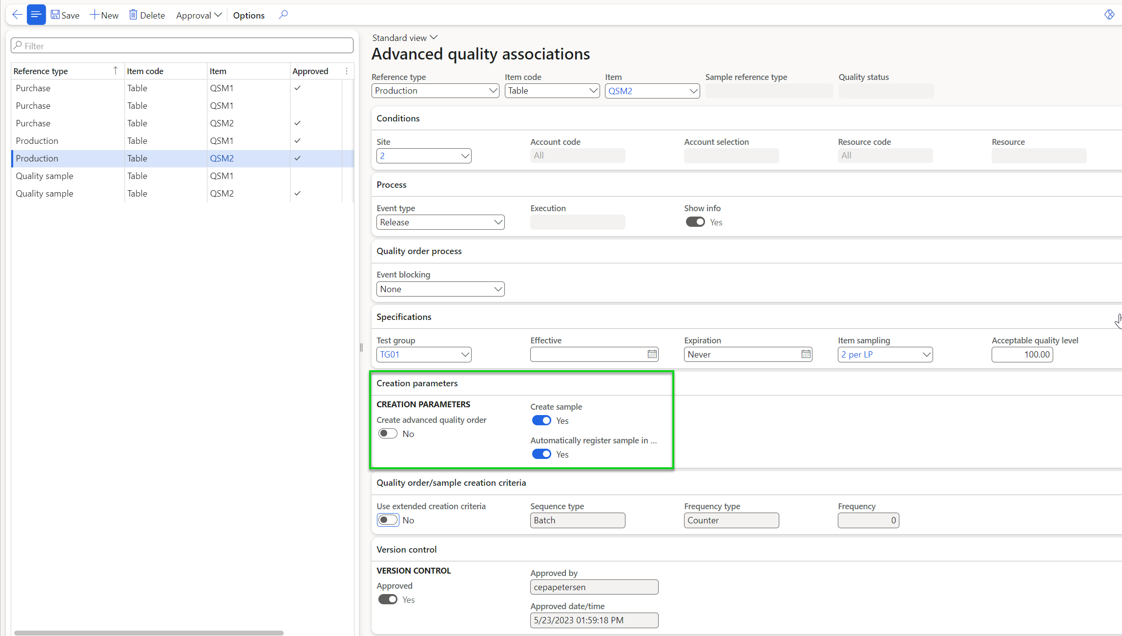 Figure 88: Creation parameters
