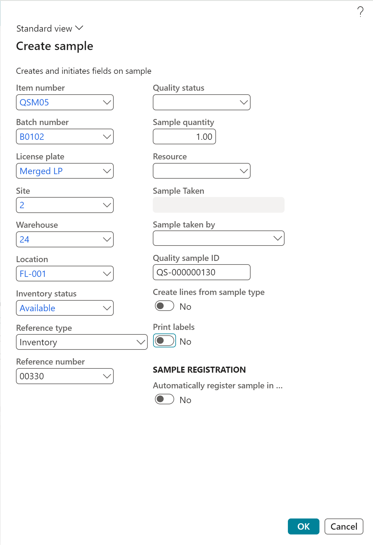 If you have an advanced quality association of type ‘Quality sample’ for reference type ‘Inventory’ you can be registering in lab (manually or automatically) trigger the creation of an advanced quality order. You can choose to use the batch merge functionality or simply create the BOM journal lines yourself.