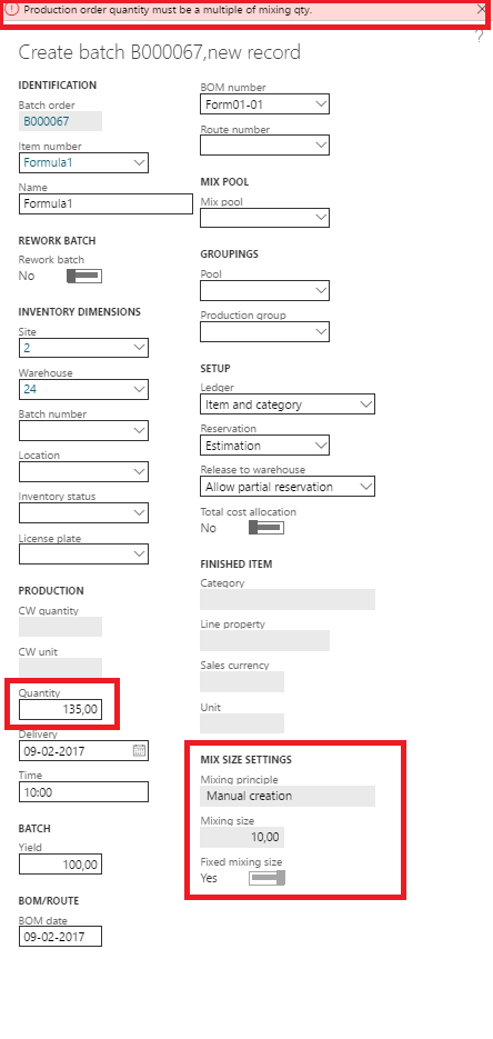 Figure 3: Mix settings at creation of a new batch order