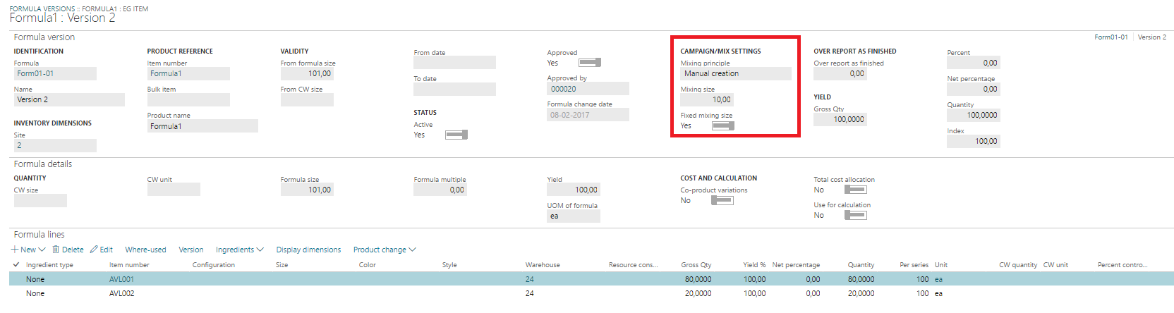 Figure 4: Setup of mix principles for BOM version