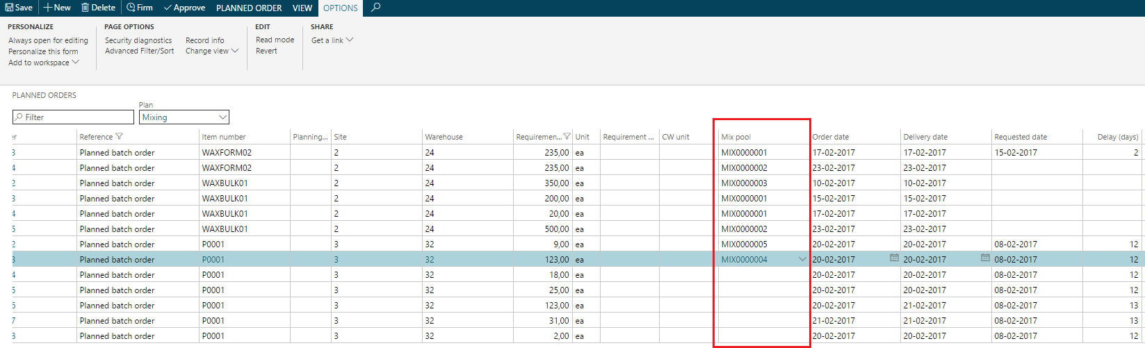 Figure 6: Production mix-pools at firming of planned orders