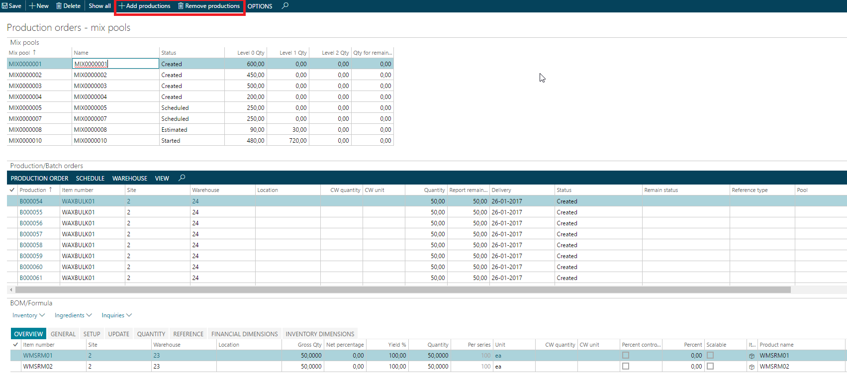 Figure 10: Add/remove production orders to mix-pool