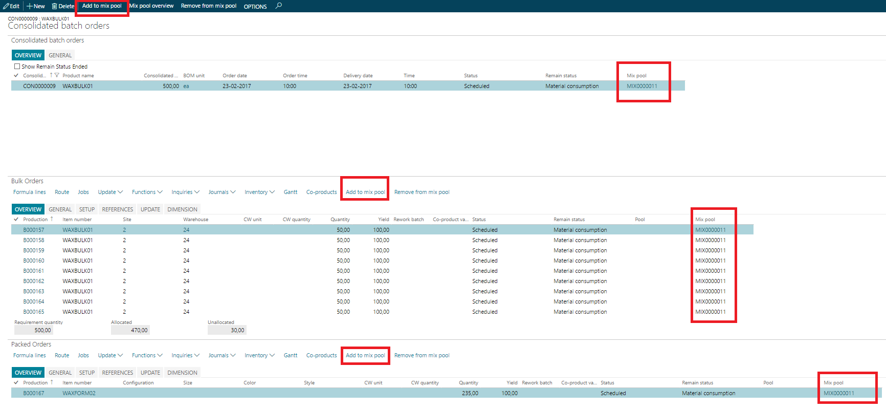 Figure 17: Consolidated batch order and mix pool