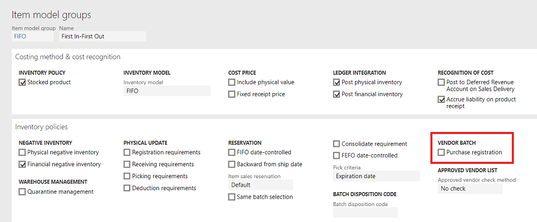 Figure 8: Item model group-vendor registration parameter