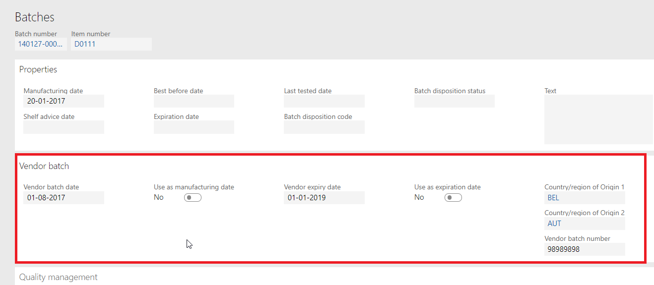If this field is NOT ticked, standard behavior is to initialize a blank record and subsequently 'clearing' all values from the batch information fields, also if you have entered these before receiving products against the item/batch combination.
