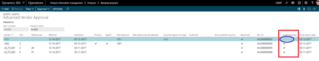 If products are setup for advanced vendor approval (AVA) and AVA records are created for the product, each AVA records will inherit audit requirement from the product. The setting can be edited for each AVA record after creation.