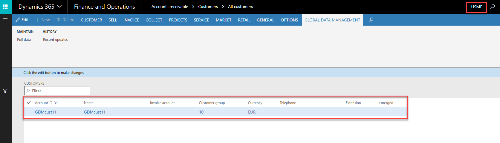 Note that it is not possible to click on the normal New customer create button, because the Cepheo GDM it is now done on the Global data management tab and create data button.