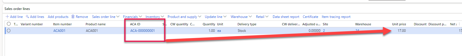 Although the SO line holds an ACA ID, no sales price has been setup for this specific ACA ID, and it will then use the ‘standard’ price.