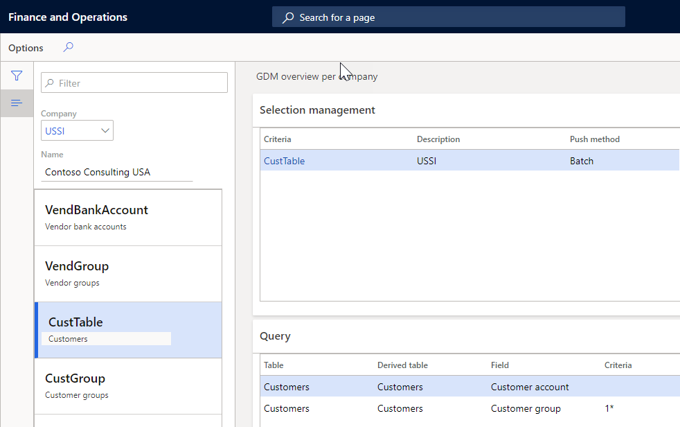 The overview per company shows the GDM setup made per company.