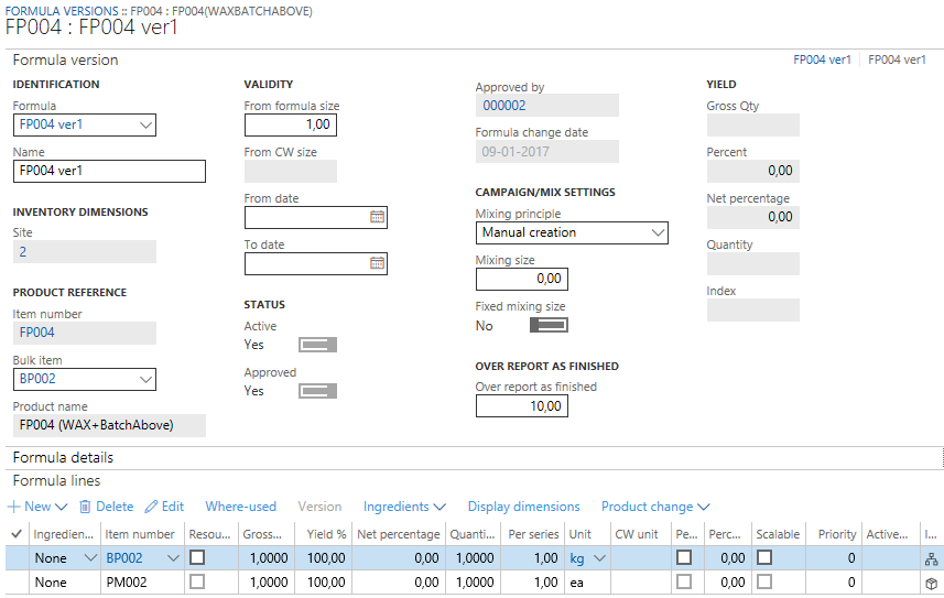 Figure 27: Over report as finished on formula/BOM.