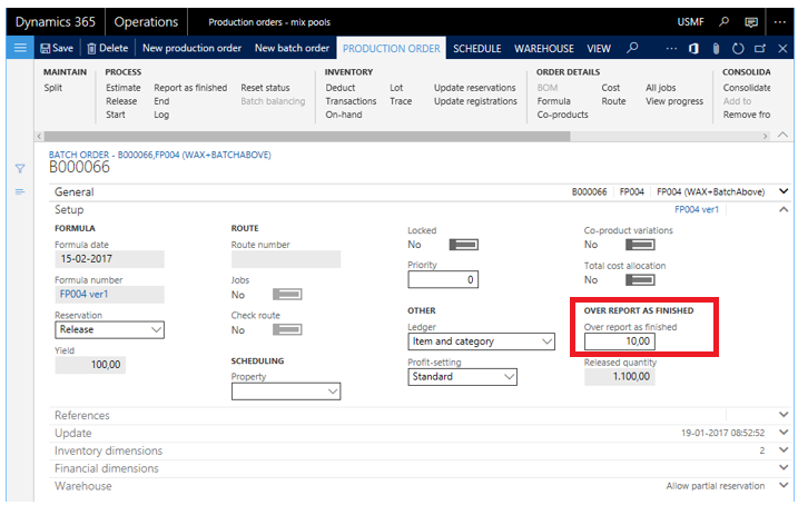 Figure 28: Over report as finished on production/batch order.