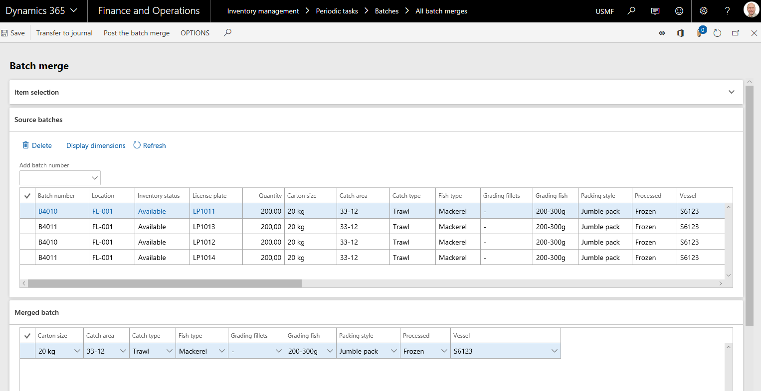 When selecting the batches, you want to merge (in field 'Add batch number', the lookup used is presented as the form [InventBatchIdLookup].