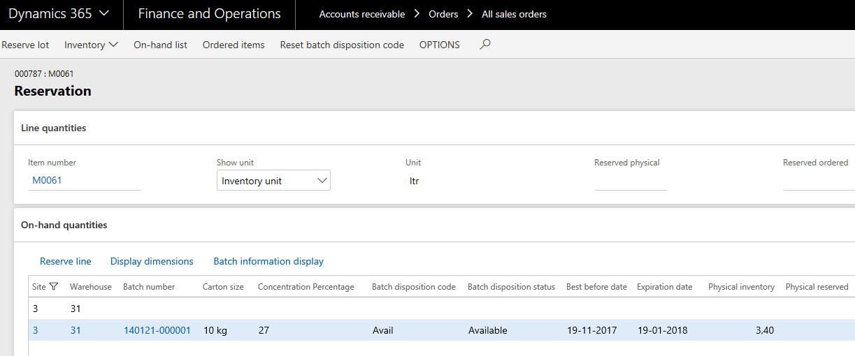 For WHS product the form opening is the form [WHSInventOnhandReserve]. If Batch number is included in the active dimensions, this form presents the available on-hand for the product and give the possibility to use the features for controlling the Batch information display, using the menu.