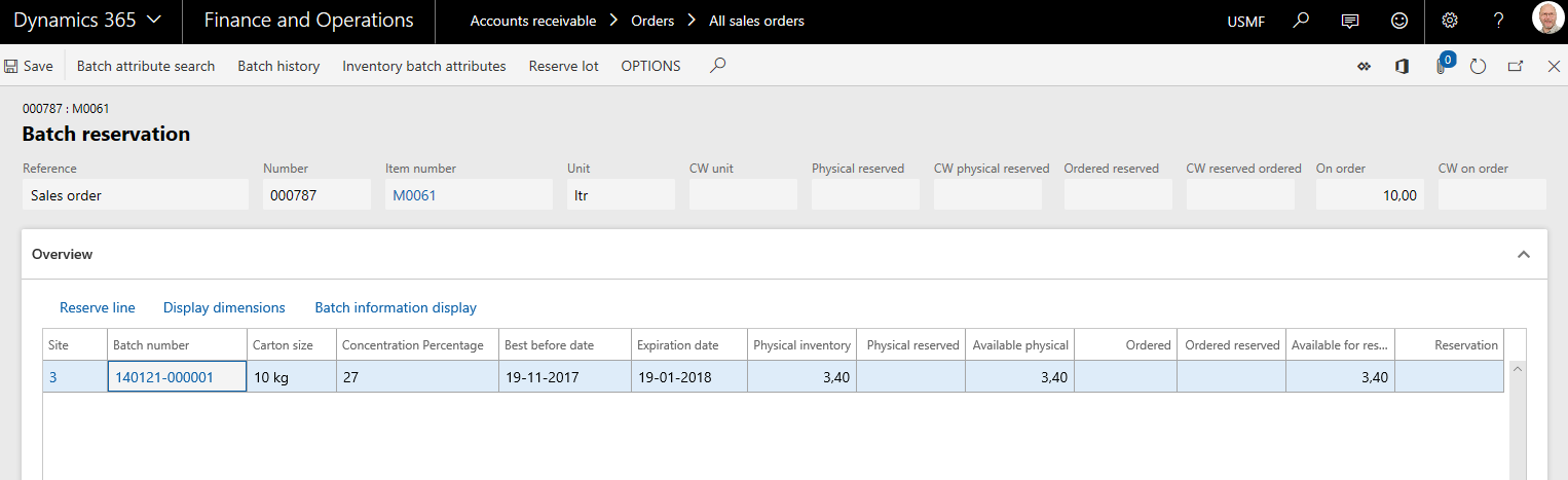 For WHS products the form opening is the form [WHSBatchAttribReserve]. If Batch number is included in the active dimensions, this form presents the current on-hand for the product and offers the possibility to use the features for controlling the Batch information display, using the menu.