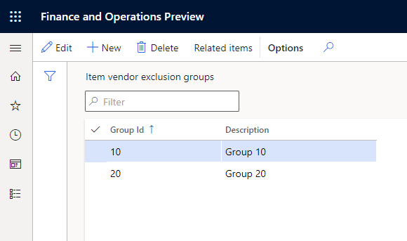 For each exclusion group, there is accessed to see and maintain which products are included into the group using the menu [Related items]. A tool for selection of items to be added to the selected group, is also available using the menu [Add items].