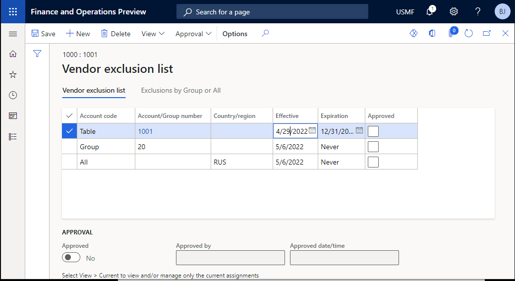 Data shown on the tab page [Exclusions by Group or All] is not editable, as this is a visualization of exclusion where the item is part of a Group or All setting.
