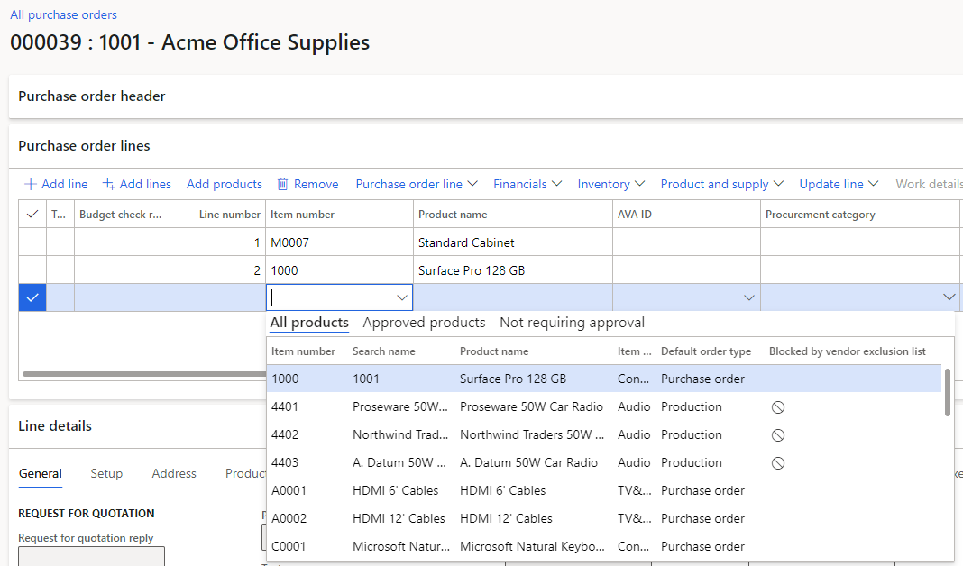 This will prevent creation of the purchase order line if item 4401 is selected.