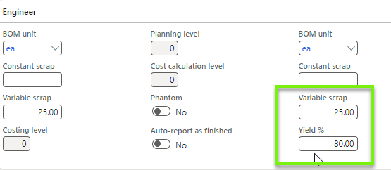 Figure 116: Setting up yield for an item number