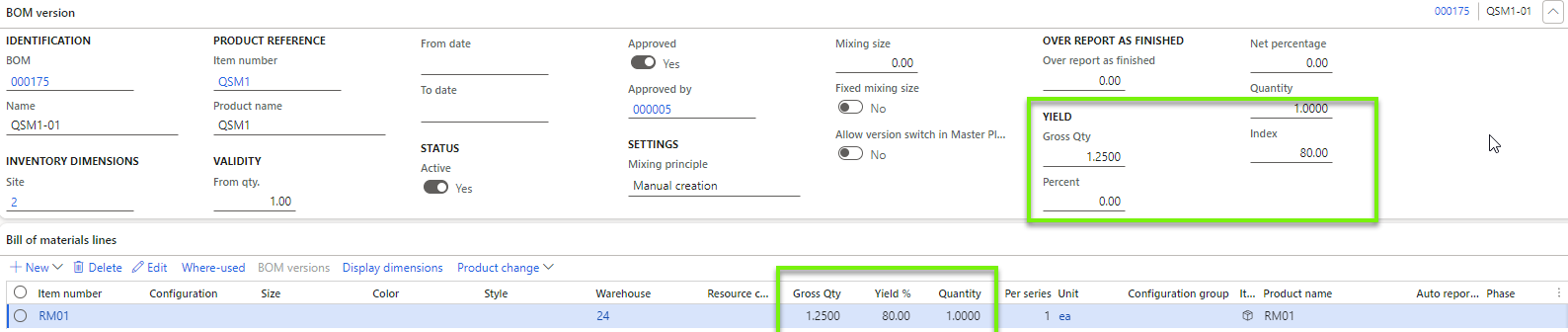 Figure 117: Setting up yield for a formula (NOTE: Can also be setup for BOM lines)