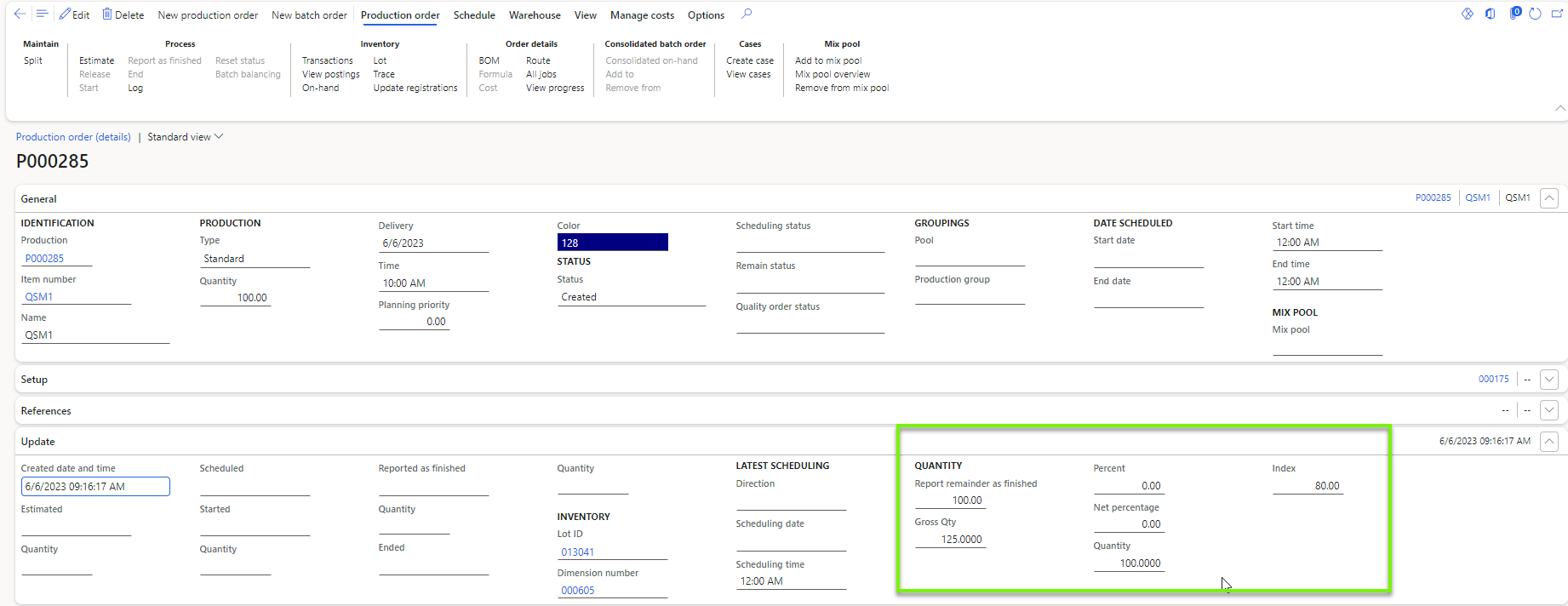 Figure 119: Showing yield information for a batch or production order.