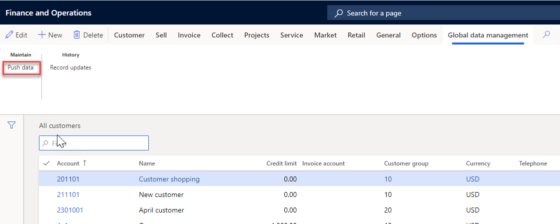By pressing the Push records button, the system opens the form for selection of records. Choose between viewing New / Modified / All, mark the record(s) to be pushed and select Push data.