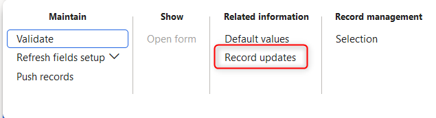 The example would be Accounts payable parameters page, where fields from PurchParameters and VendParameters are available in one form. If PurchParameters table has been connected to the form, only updates to this table can be processed inside Accounts payabale parameters form. Also, only updates to this table would be visible under Record updates for this particular page. Processing/browsing updates for VendParameters would be available only in the GDM module’s table definition (Record updates page).