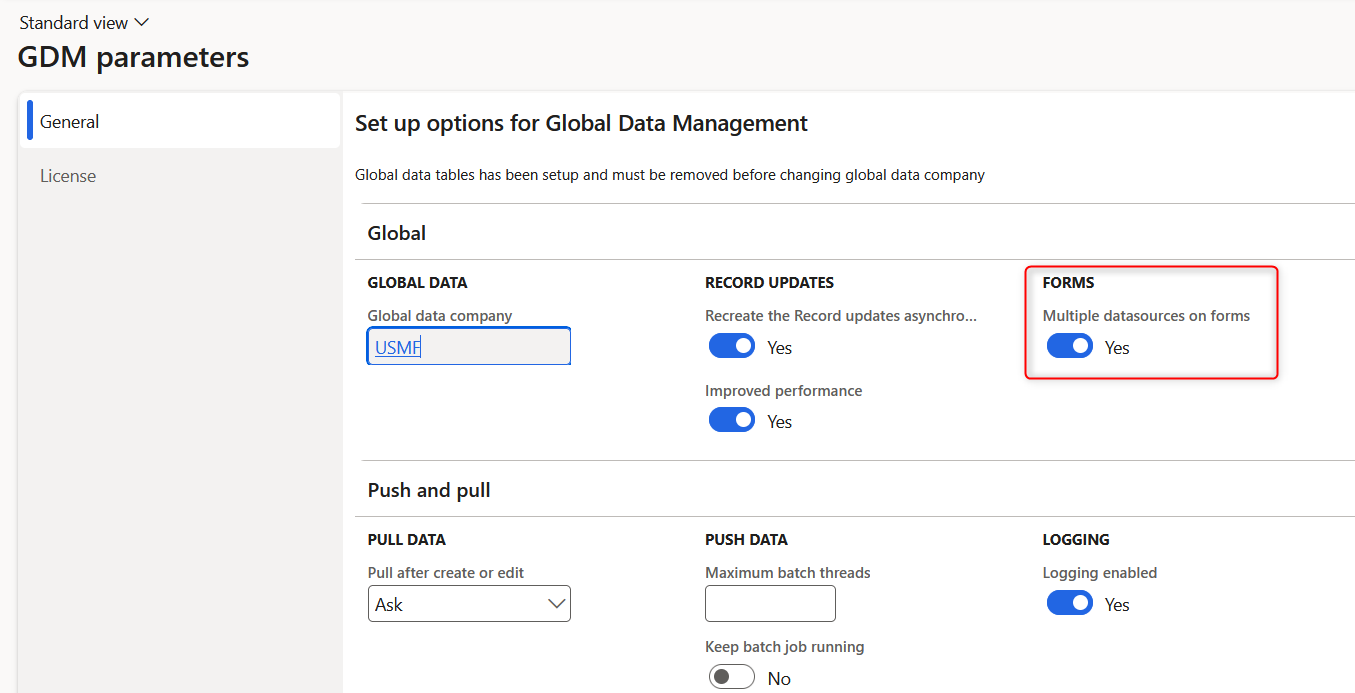 With the parameter on, the layout of the Global Data Management tab will present all available (enabled in GDM) datasource options grouped under separate buttons, with Push/Pull and Record update browsing functions available.