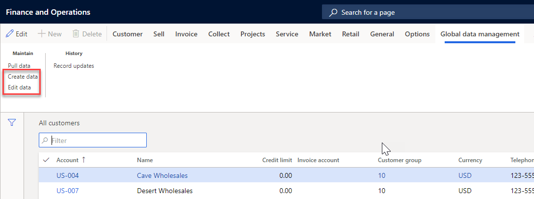 When the data is created\edited in the global company, it can be automatically pulled to the local company, from which the creation process was launched. To set up this feature go to Global data management -> Setup -> GDM parameters > General and choose a value in Pull data