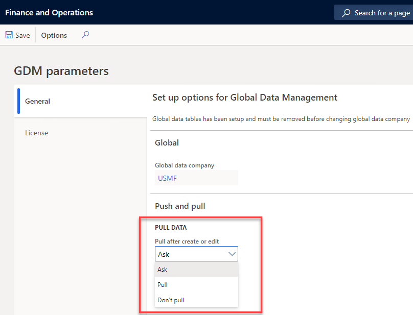 In the Pull after create or edit field select an option, how the data will be pulled to the local company after its creation\editing in the global company: