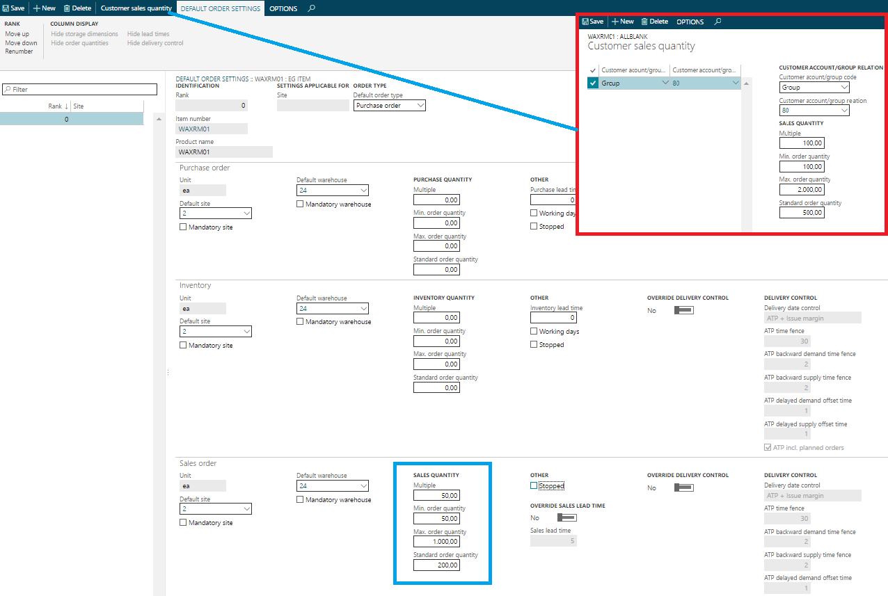 Figure 3: Customer-specific default order settings