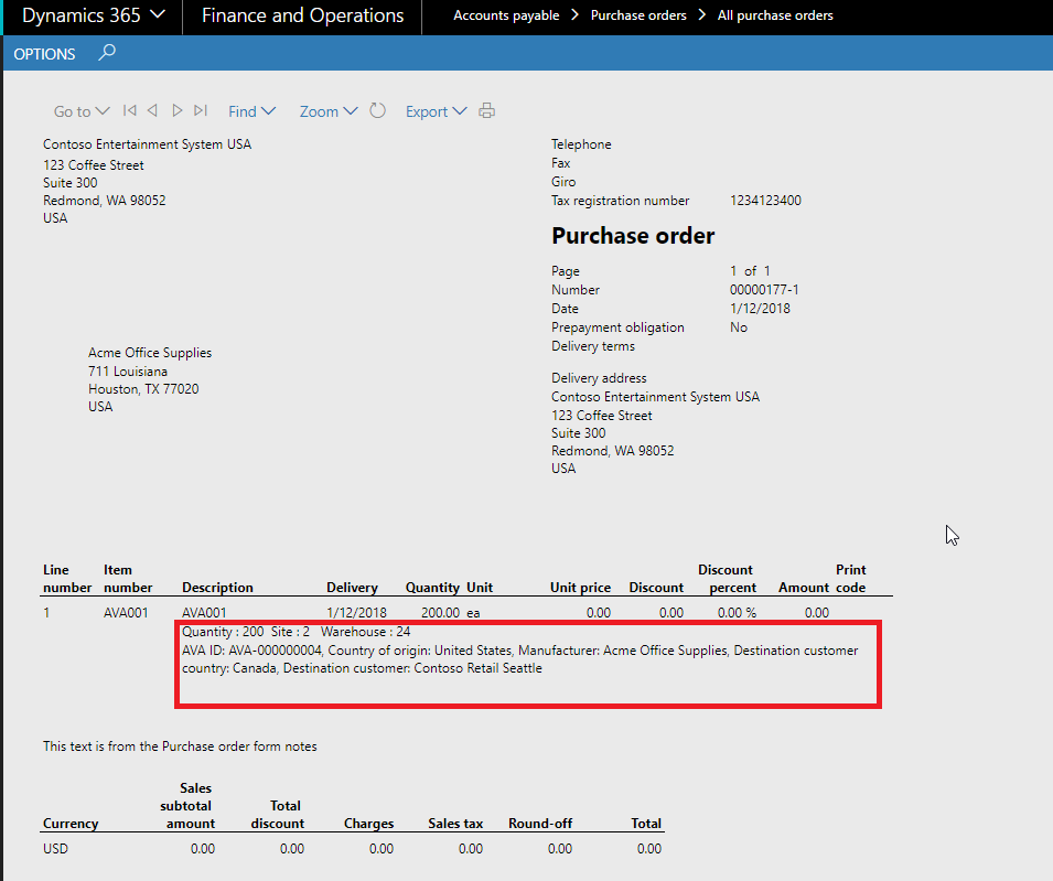 Figure 10: Printed purchase order