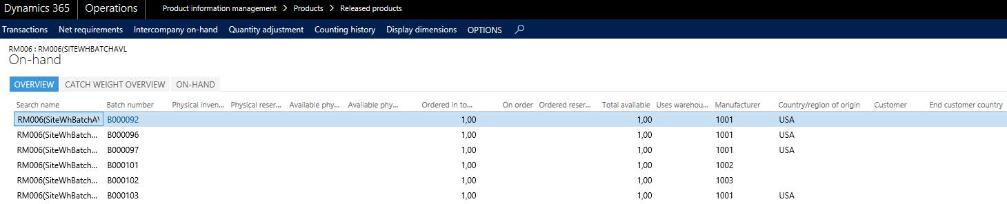 Figure 14: On-hand form showing Batch dimension