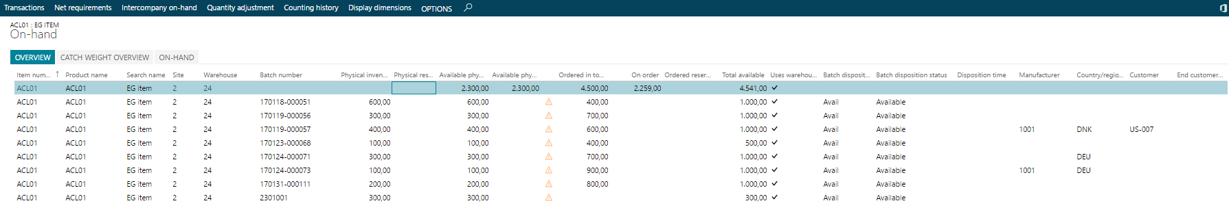 Figure 16: On-hand form showing Batch and source and destination information