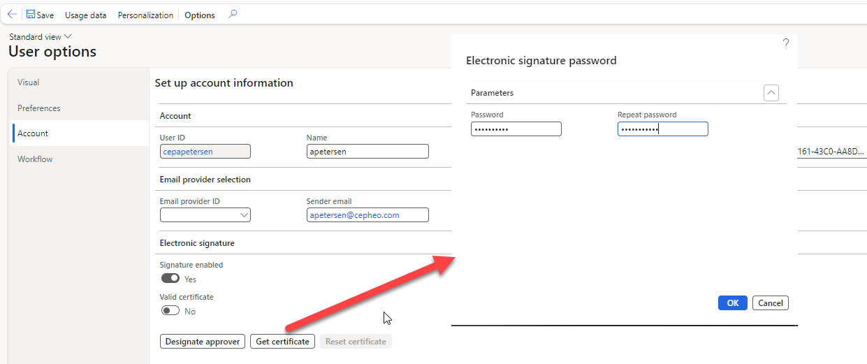 Figure 121: Activating electronic signature under user options.
