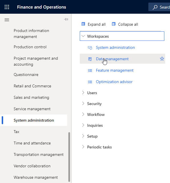 On the “Data management” workspace, go to “Import” form to create new DMF import task.