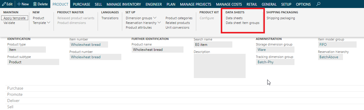 Figure 12: Data sheet setup for a released product