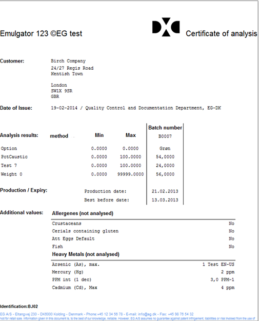 Figure 23: Example of Batch Certificate of Analysis