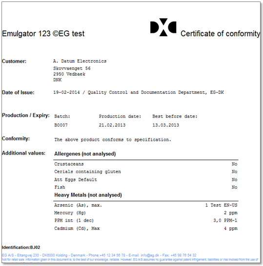 Figure 25: Example of Batch Certificate of Conformity