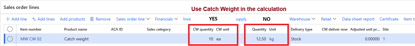 Figure 8: CW unit and inventory Unit on the sales order line