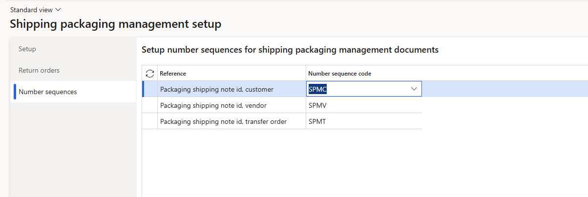 Figure 10: Packaging shipping notes number sequence for Purchase and sales orders