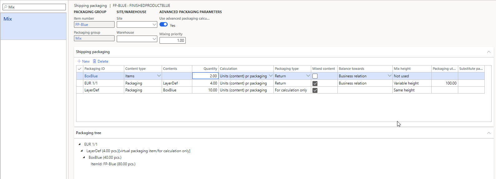 IF we simulate 40 ea, this will result in a usage of 50% on the pallet à In 2 layers, showing each of the 10 blue boxes holding 2 of the FP blue product: