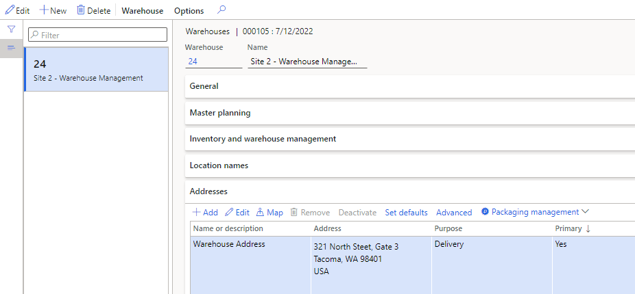 In there the site and warehouse is fixed to the warehouse being setup, and only the packaging group can be selected.
