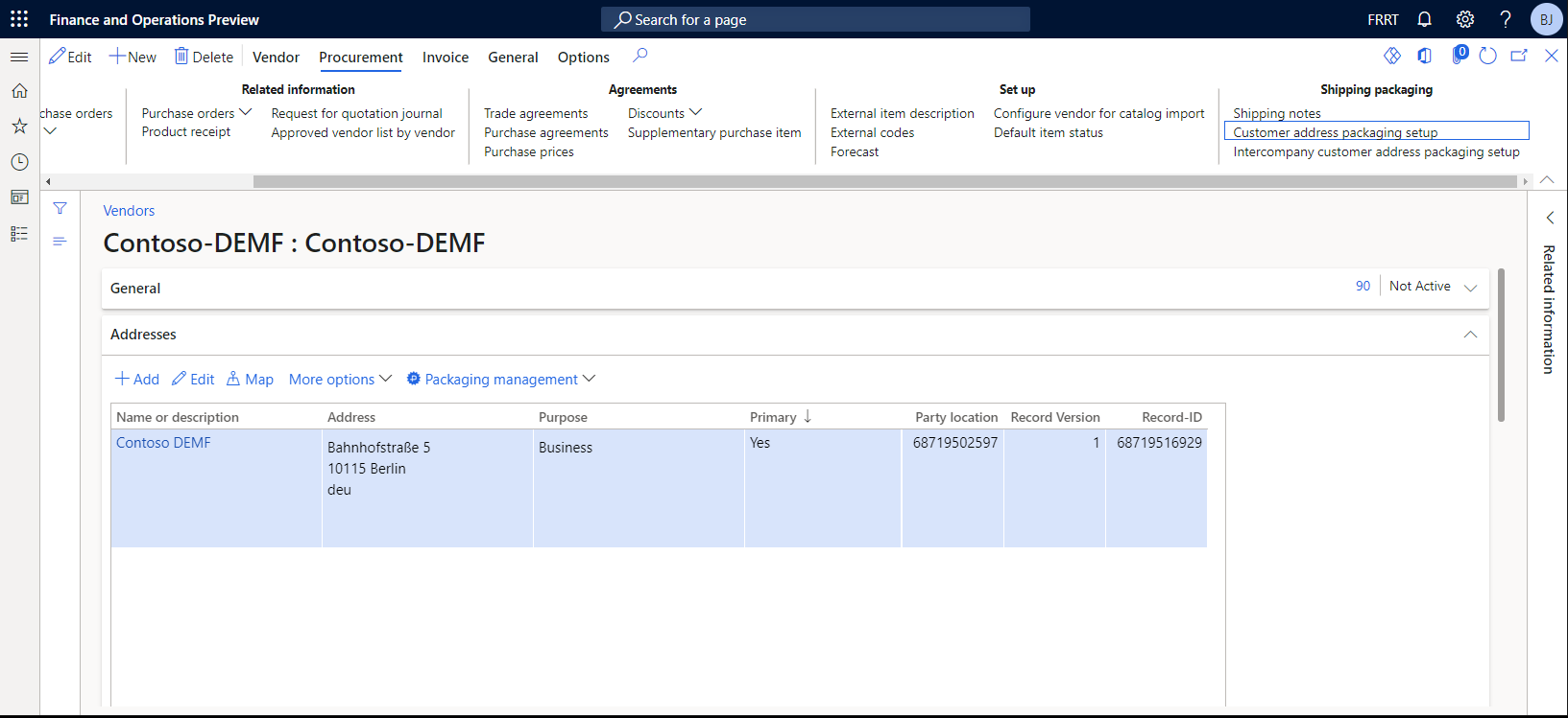 Customer address packaging setup on Vendor in company A: